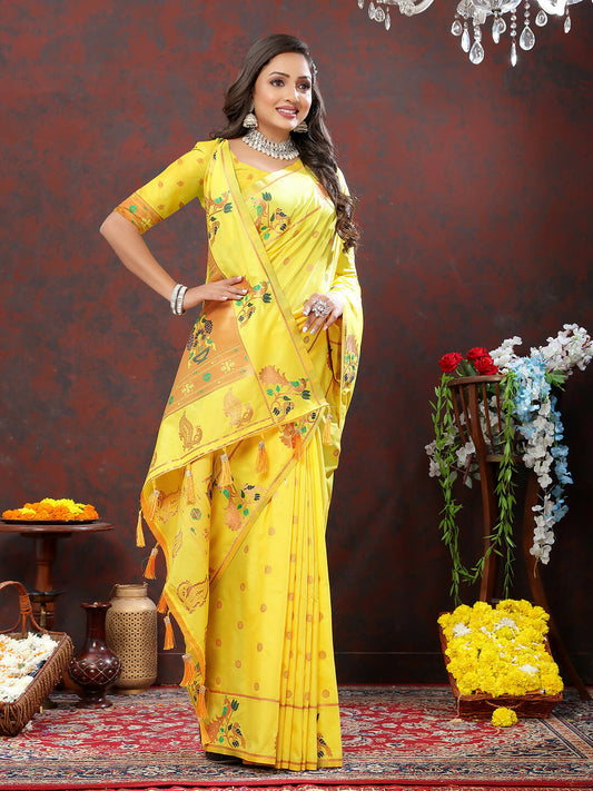 Lorenvalley Fashion Yellow Soft Paithani Silk Woven Design Copper Zari Meenakari Weaving Saree - Swadesiicart