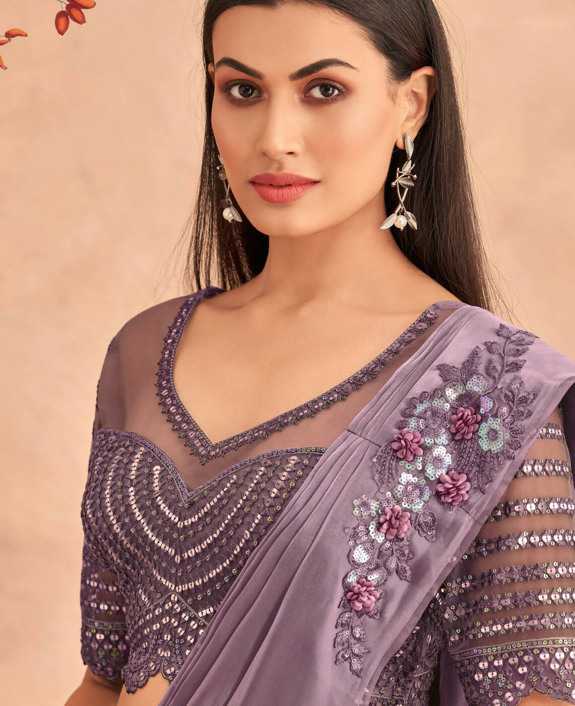 Purple Satin Embroidered Ready To Wear Saree With Unstitched Blouse Piece - Nandika | Swadesiicart