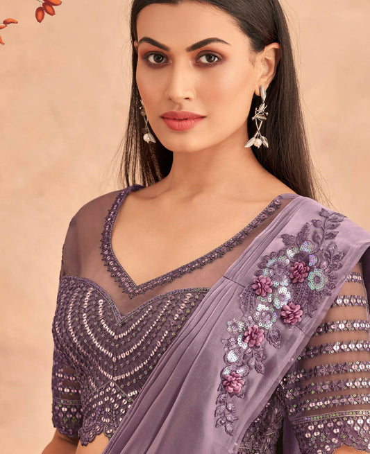 Purple Satin Embroidered Ready To Wear Saree With Unstitched Blouse Piece - Nandika | Swadesiicart