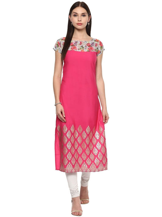 Ahalyaa Women's Pink Chanderi Printed Kurta | Swadesiicart