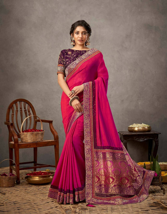 Pinkish-Purple Dual Tone Silk Georgette Thread, Zari And Cord Embroidery, Handwork Butta Saree - Norita Arinya | Swadesiicart