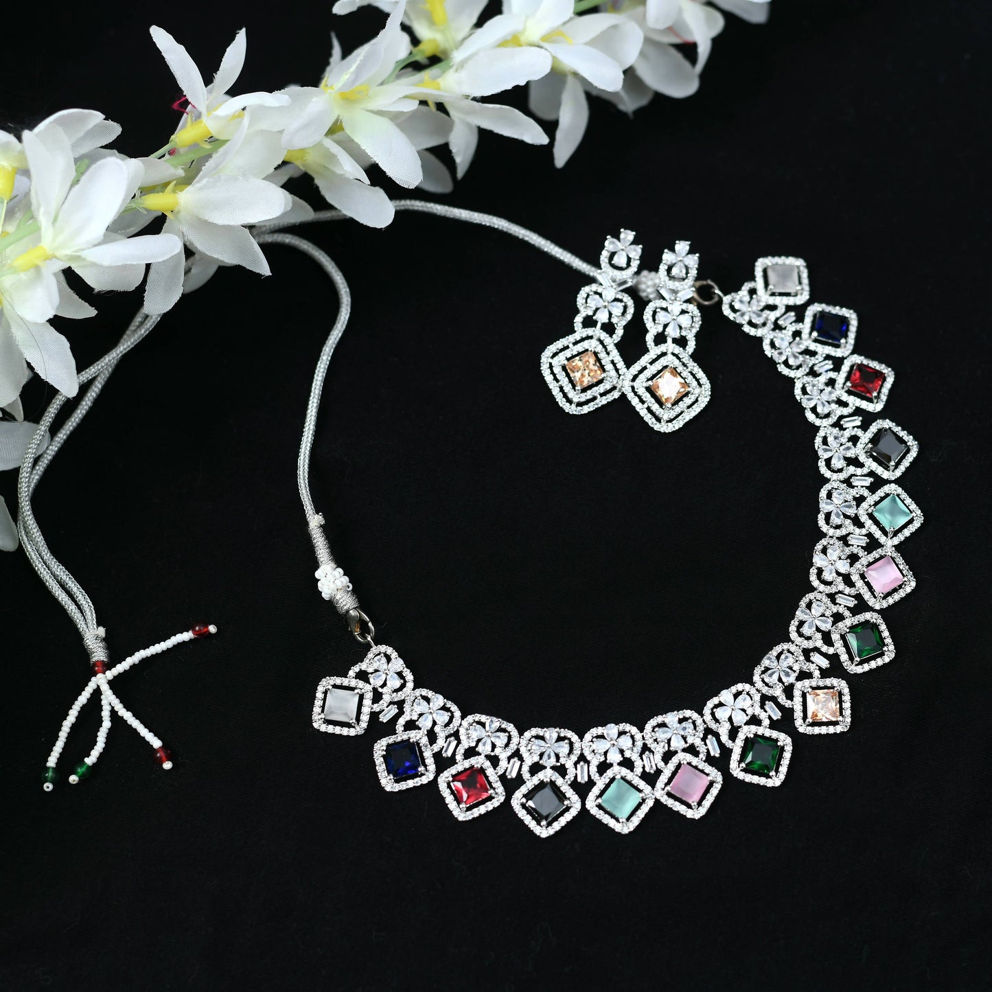 Mominos Fashion Johar Kamal Women Silver-Plated American Diamond Multi Colour Choker Set | Swadesiicart