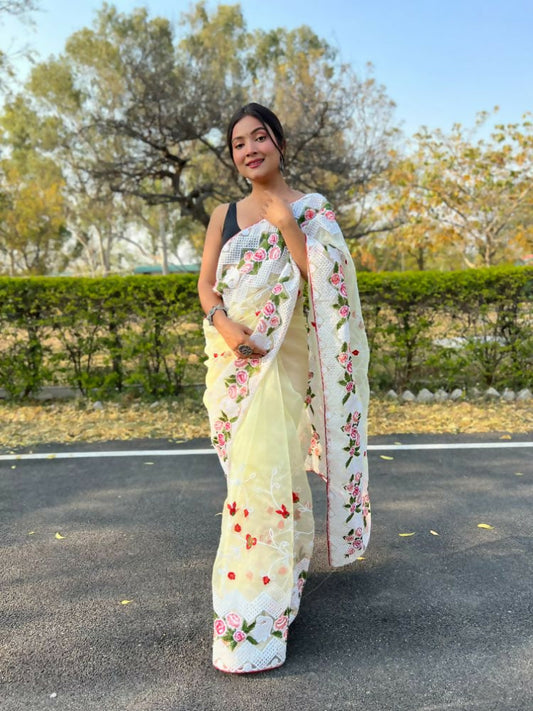 Vamsee Kamaljaal Yellow Organza Saree - Swadesiicart