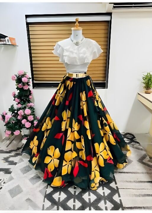 Dishitha Creation Floral Printed Stitched Lehenga & Crop Top - White & Black | Swadesiicart