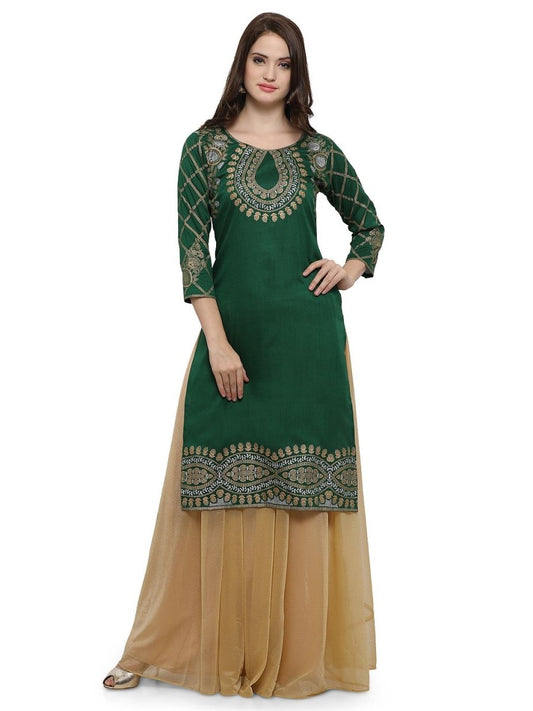 Ahalyaa Women's Green Poly Silk Gold Foil Print Kurta | Swadesiicart