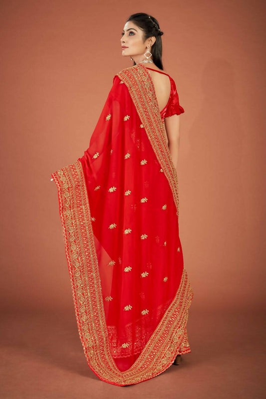 Vamsee Red Organza Saree - Swadesiicart