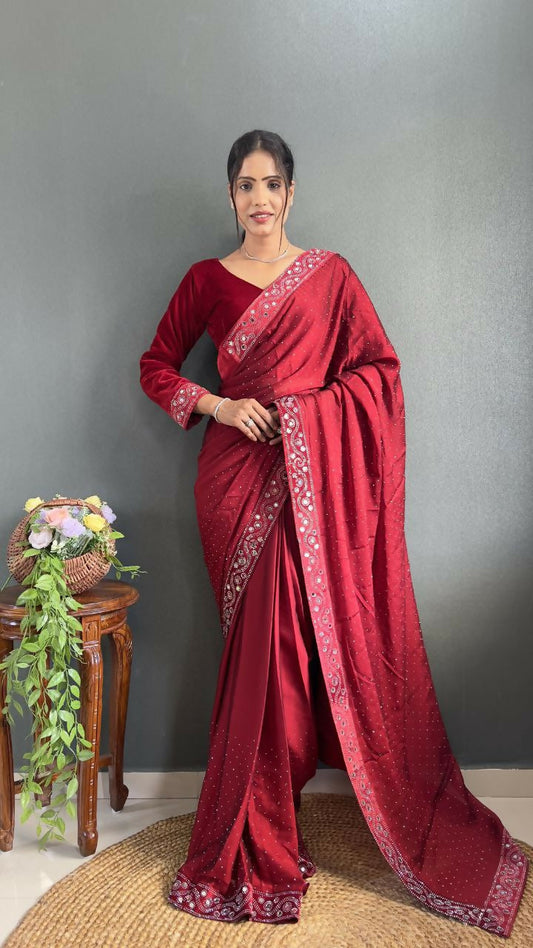 Vastranavya Red Rangoli Silk Real Mirror work with Swarovski work Ready to Wear Saree | Swadesiicart