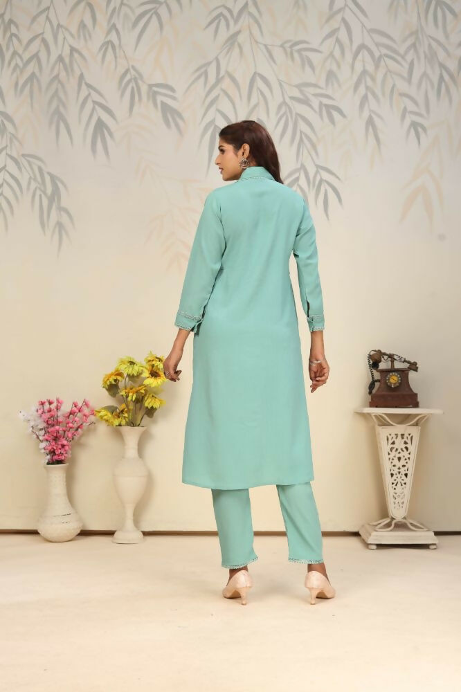 Jyoti Fashion Women's Sea Green Rinkal Cotton Plain with Side Pocket Kurtis & Sets | Swadesiicart