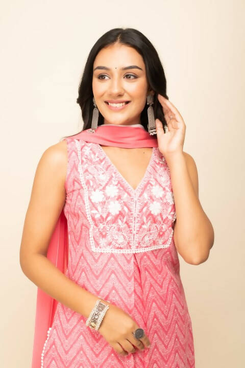 FIORRA Women's Peach Cotton Straight Kurta Palazzo Set With Dupatta - Swadesiicart