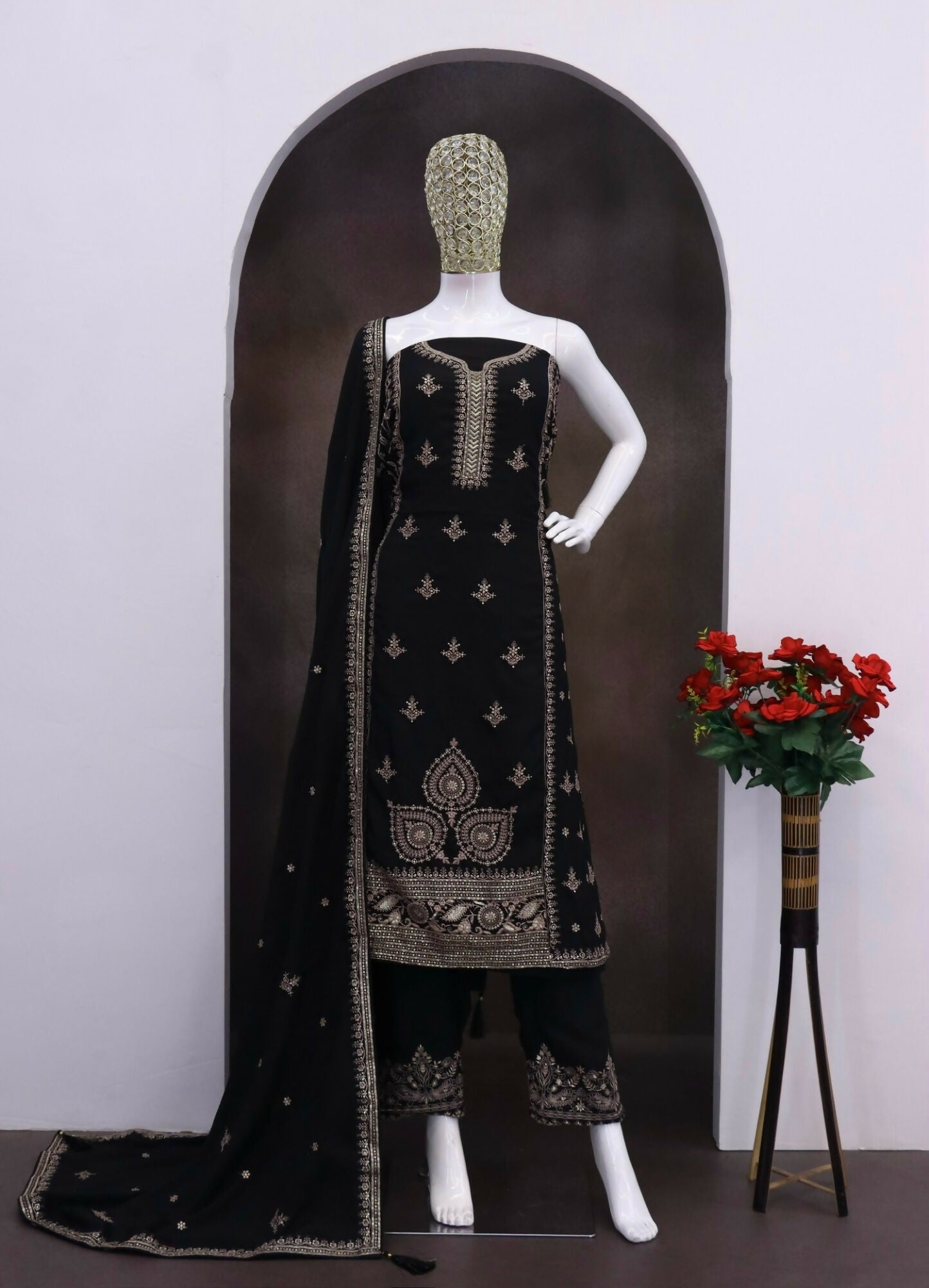 Anaita Black Chinon Silk Stitched Suit with Embroidery & Sequence Work