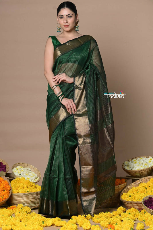 Very Much Indian Rajsi - Handloom Ari Checks Cotton Silk Saree With Golden Border - Bottle Green | Swadesiicart