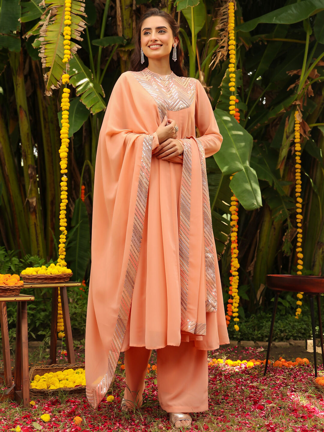 Janasya Peach Georgette Sequined Kurta,Bottom & Dupatta | Swadesiicart