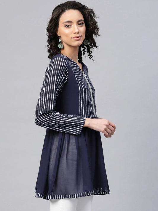 Ahalyaa Women Navy Blue Georgette Khari Print Tunic | Swadesiicart