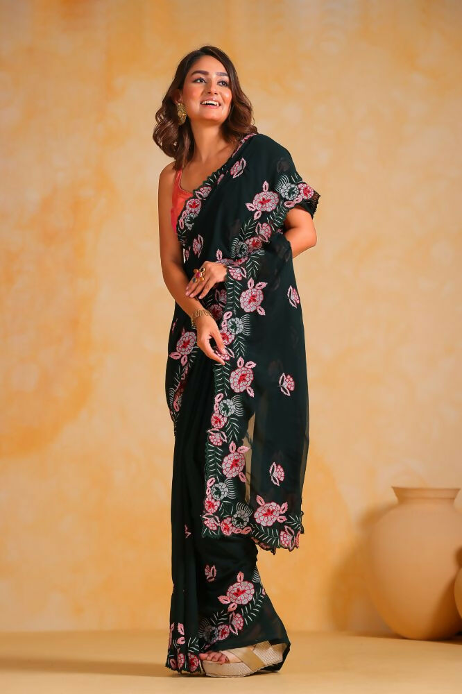 Vamsee Annie Dark Green Georgette Silk Saree - Swadesiicart