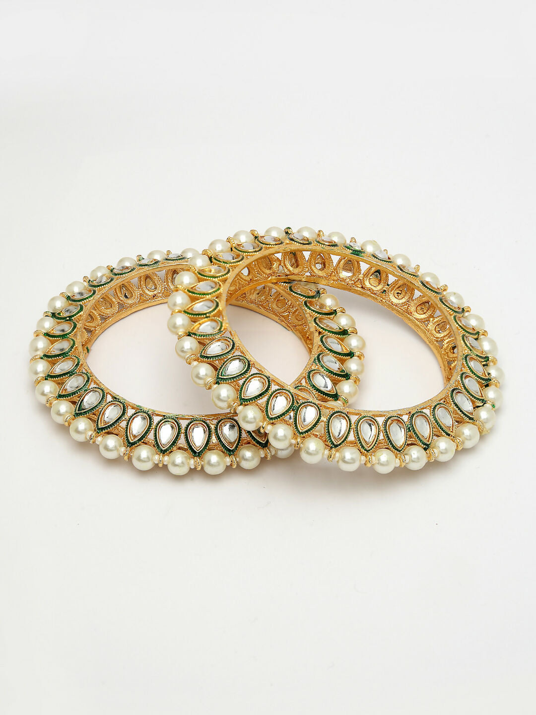 NVR Women's Set Of 2 Gold-Polished Kundan-Studded & Pearls-Beaded Bangles - Swadesiicart