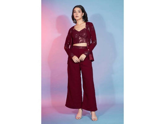 Red Georgette Sequence With Thread Designer Co-Ord Set - Flory - Swadesiicart