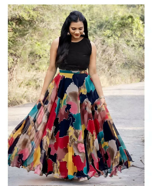 Dishitha Creation Printed Stitched Lehenga & Crop Top - Black & Black | Swadesiicart