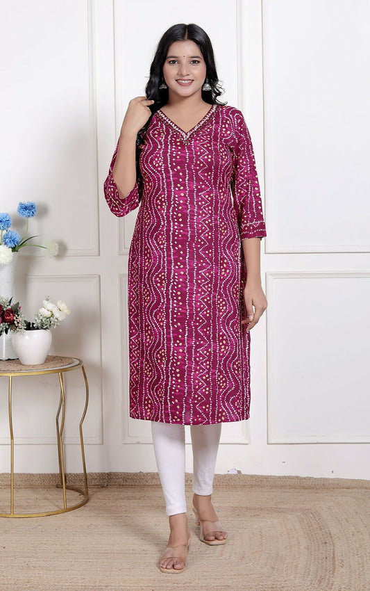 Miravan Womens Magenta Bandhej Printed Rayon Kurti - Swadesiicart