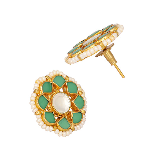 Nuyug 22K Gold-Plated Green Kundan Studded & Pearls Beaded Floral Shaped Studs | Swadesiicart