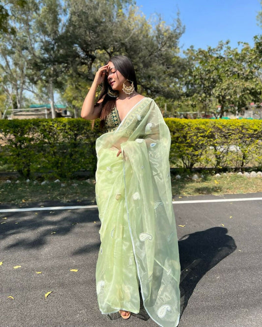 Vamsee Samriddhi Green Organza Saree - Swadesiicart