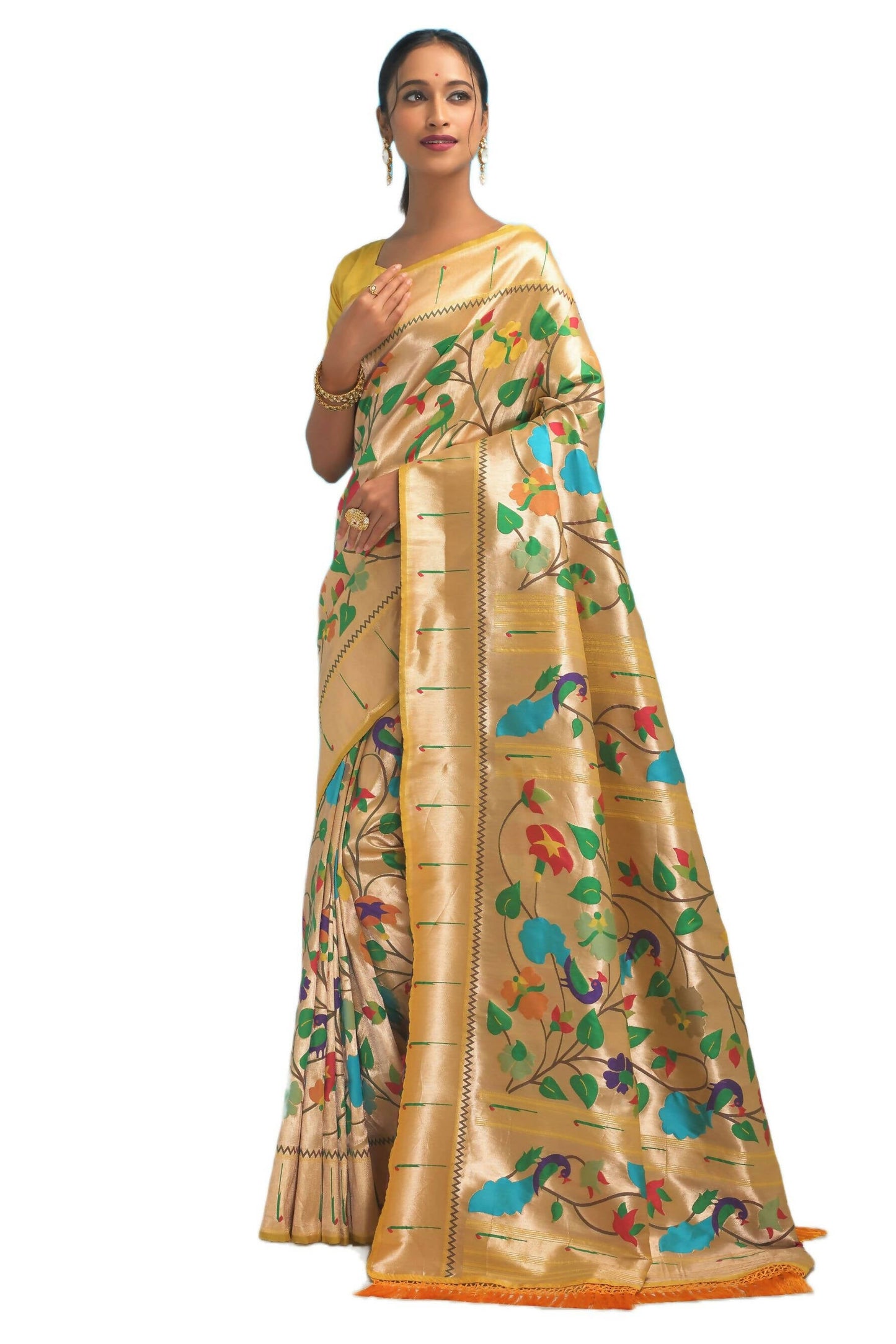 Vishnu Weaves Women's Yellow Paithani Silk Minakari Zari Woven Saree with Unstitched Blouse - Swadesiicart