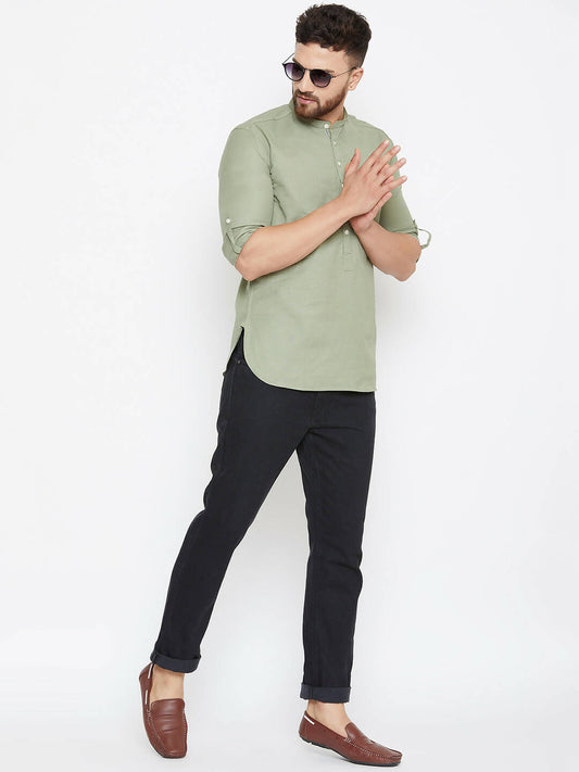 Even Apparels Green Color Men's Pure Cotton Kurta With Band Collar | Swadesiicart