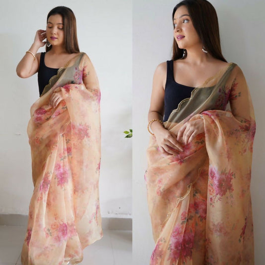 Vamsee Rency Cream Organza Saree - Swadesiicart