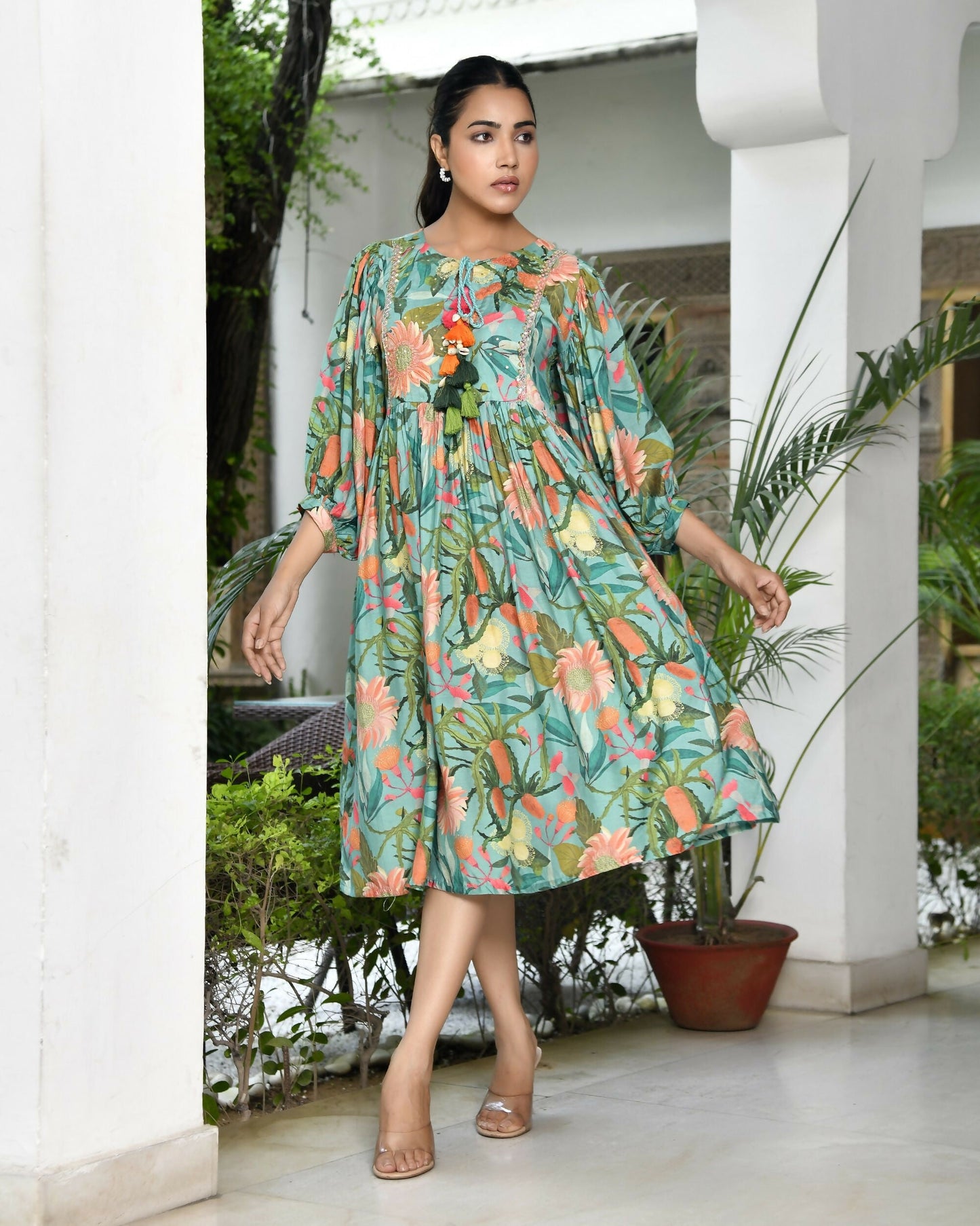 Vaasva Women's Teal Musline Viscose Digital Printed Dress | Swadesiicart