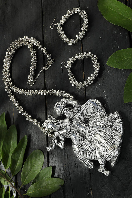 Mominos Fashion Johar Kamal Oxidised Silver-Plated Brass Finish Radha Kishan Long Necklace For Women | Swadesiicart