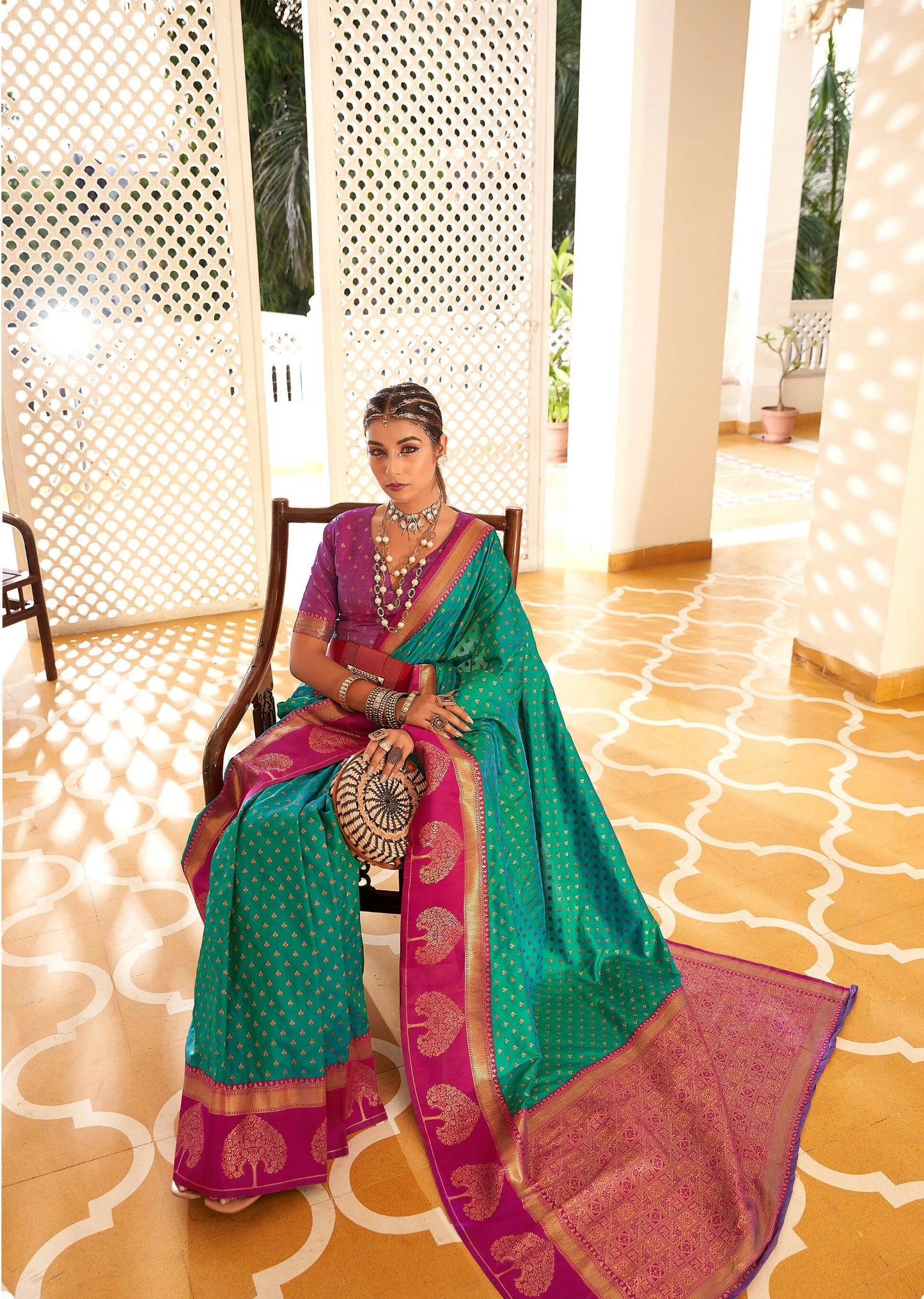 Sea Green Soft Banarasi Paithani Copper Zari Weaving Saree With Unstitched Blouse Piece - Jodha | Swadesiicart