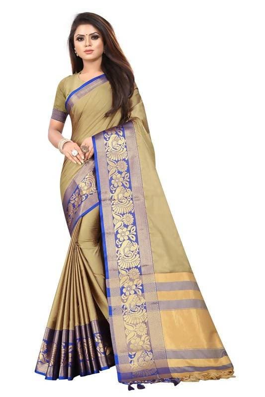 Vamika Banarasi Cotton Silk Weaving Brown Saree (DOCTOR MOR CHIKU) | Swadesiicart