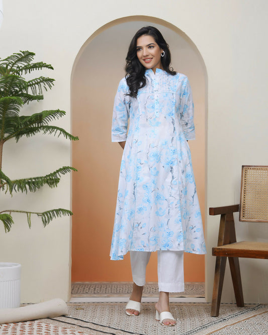 Vaasva Women White Floral Cotton Printed Flare Kurti With Pant | Swadesiicart