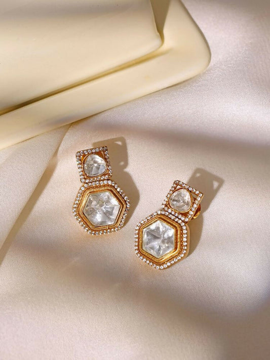 square kundan earrings with hexagon drop - Ruby Raang | Swadesiicart