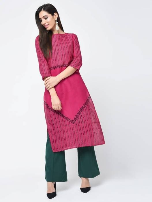 Aniyah Cotton Block Printed Latest Pink Straight Kurta (AN-135K) - Swadesiicart