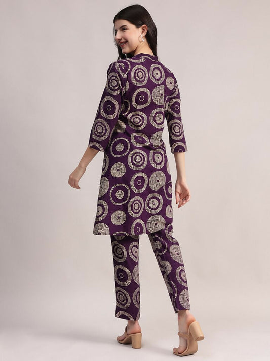 Aavyora Women's Purple Abstract Printed Pure Cotton Co-ord Set - Swadesiicart