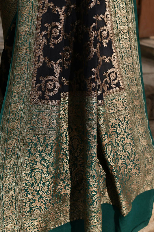 Joban Fashion Navy Blue Crepe Chiffon Pure Handloom Banarasi Silk Saree | Swadesiicart