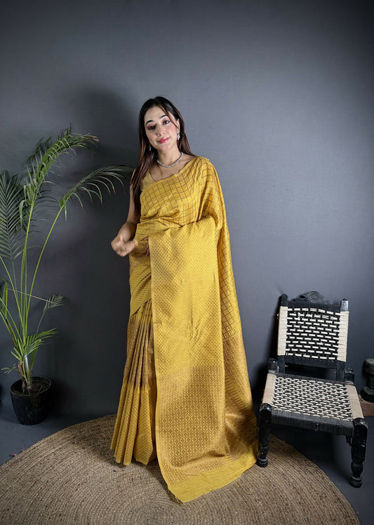 Joban Fashion Golden Yellow Banarasi Soft Lichi Silk Checks & Woven Saree | Swadesiicart