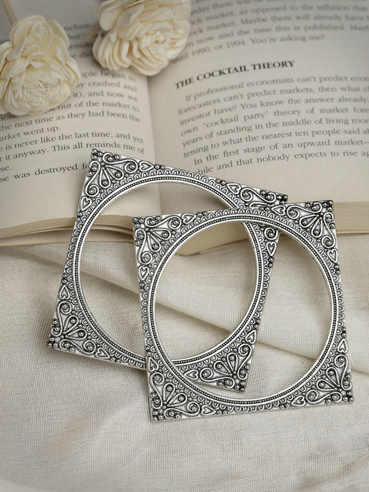 NVR Women's Set of 2 Silver-Toned Oxidized Square Shaped Bangles - Swadesiicart