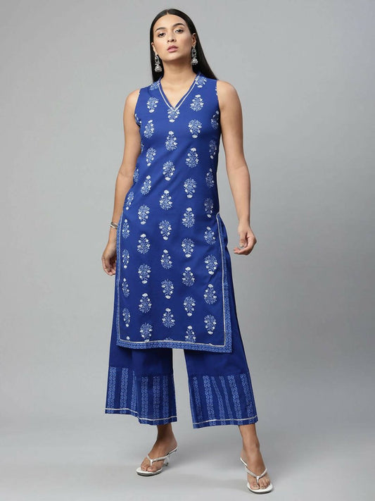 Ahalyaa Womens Indigo Blue Pure Cotton Printed Kurta Palazzo Set | Swadesiicart