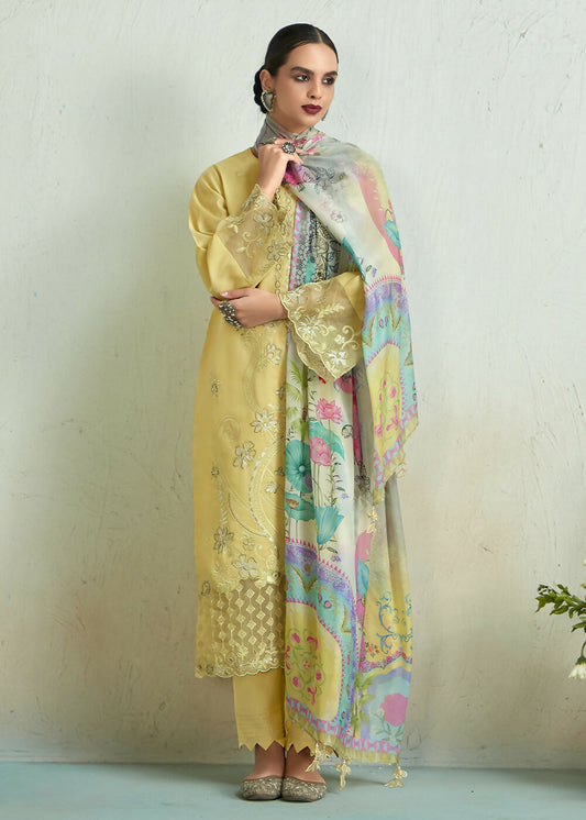 Lemon Yellow Pure Muslin Resham Embroidered Salwar Suit - Emponline | Swadesiicart