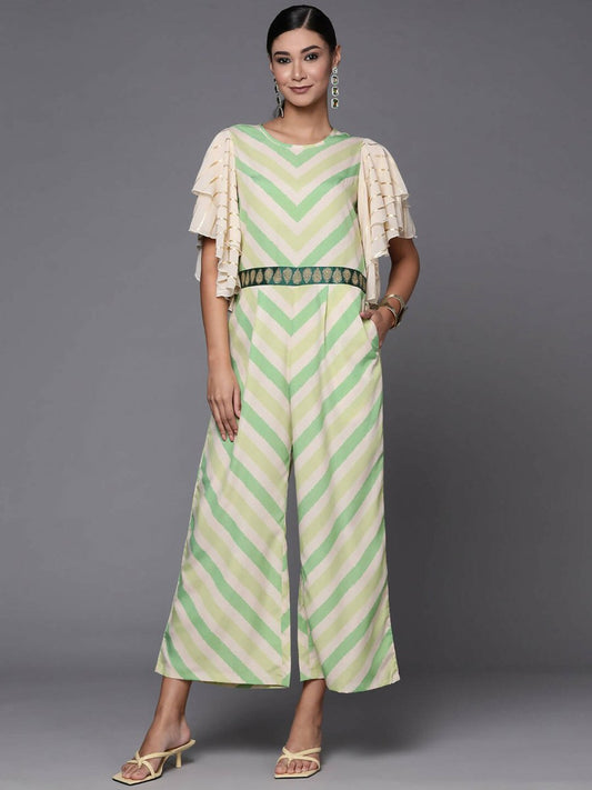 Ahalyaa Off White & Green Zig Zag Print Basic Jumpsuit - Swadesiicart