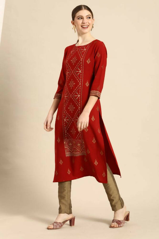 Janasya Women's Rust Crepe Ethnic Motifs Casual Straight Kurta | Swadesiicart
