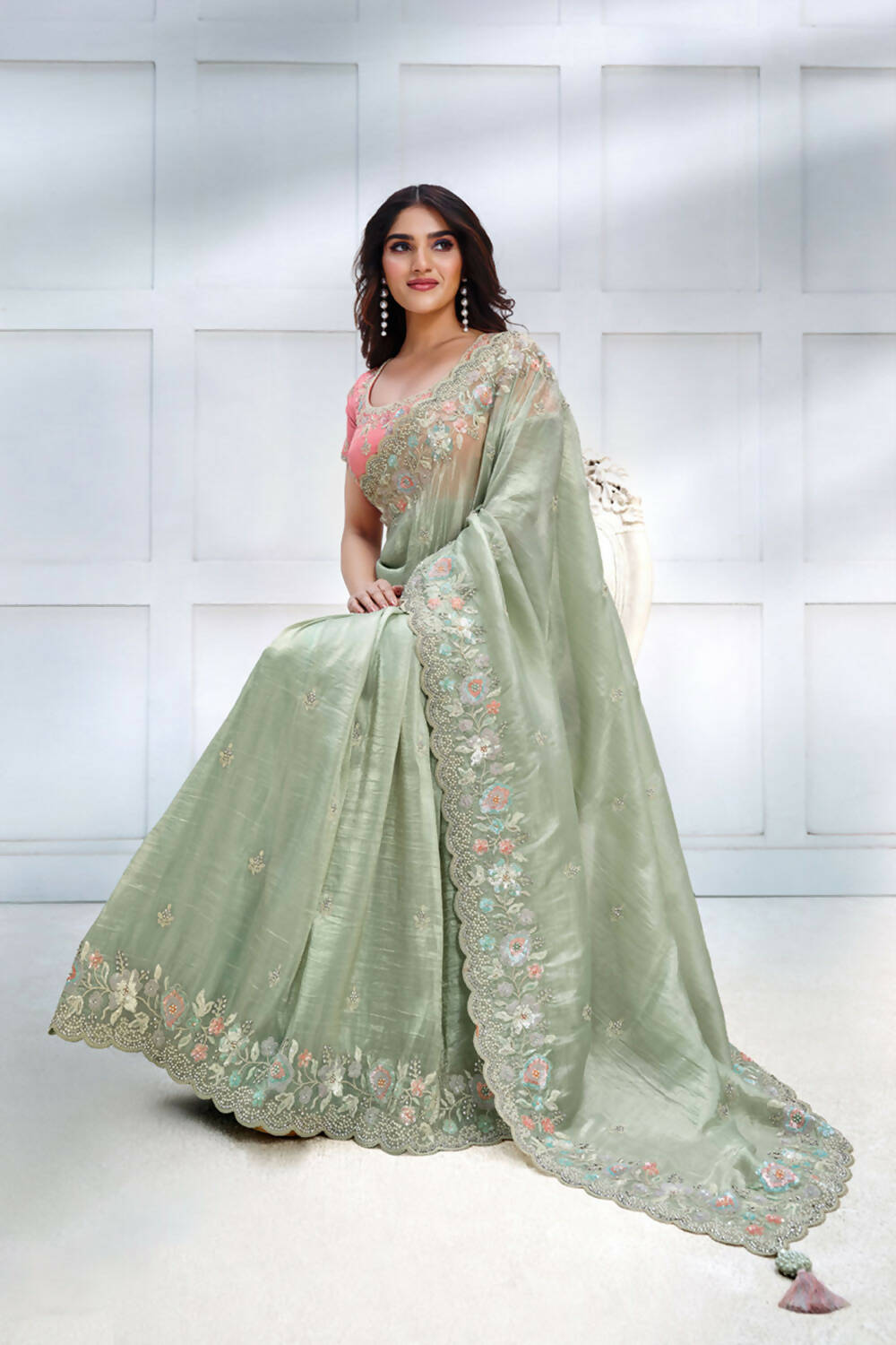 Green Banarasi Crush silk Sequence Embroidered with Stone work Saree - Mohmanthan Majestica | Swadesiicart