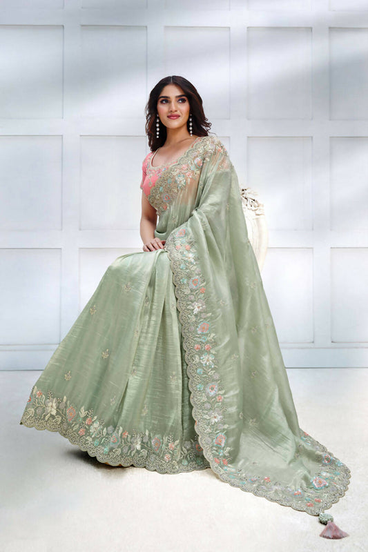 Green Banarasi Crush silk Sequence Embroidered with Stone work Saree - Mohmanthan Majestica | Swadesiicart