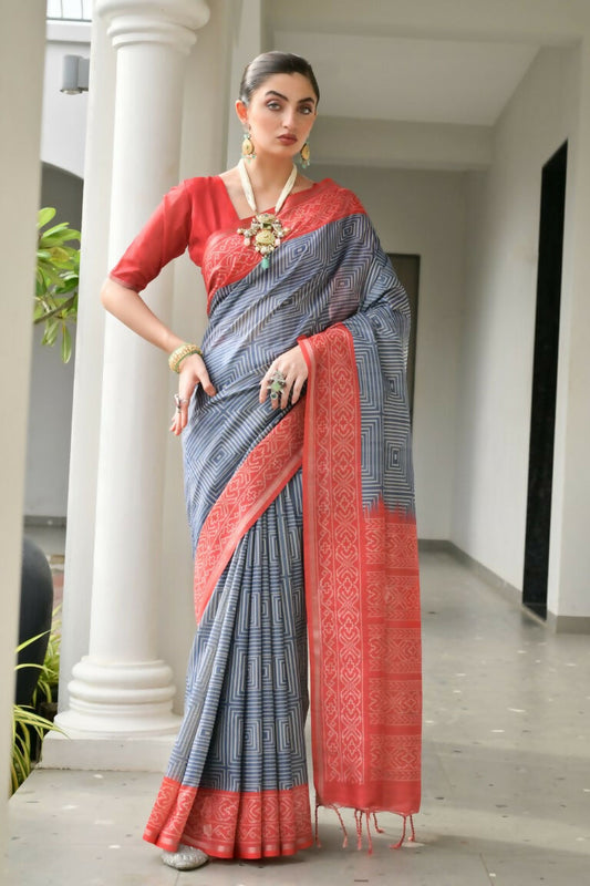 Vishnu Weaves Women's Red Soft Tussar Silk Printed Saree with Blouse - Swadesiicart