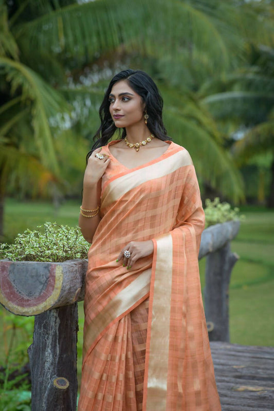 Vishnu Weaves Women's Orange Organza Silk Zari Woven Saree with Blouse - Swadesiicart