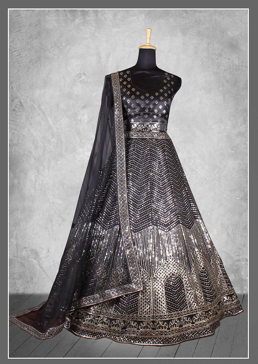 Black Satin Silk Cord and sequins Floral embroidery Bridal lahenga Choli with Dupatta - Nimaya Pavitra Rista | Swadesiicart