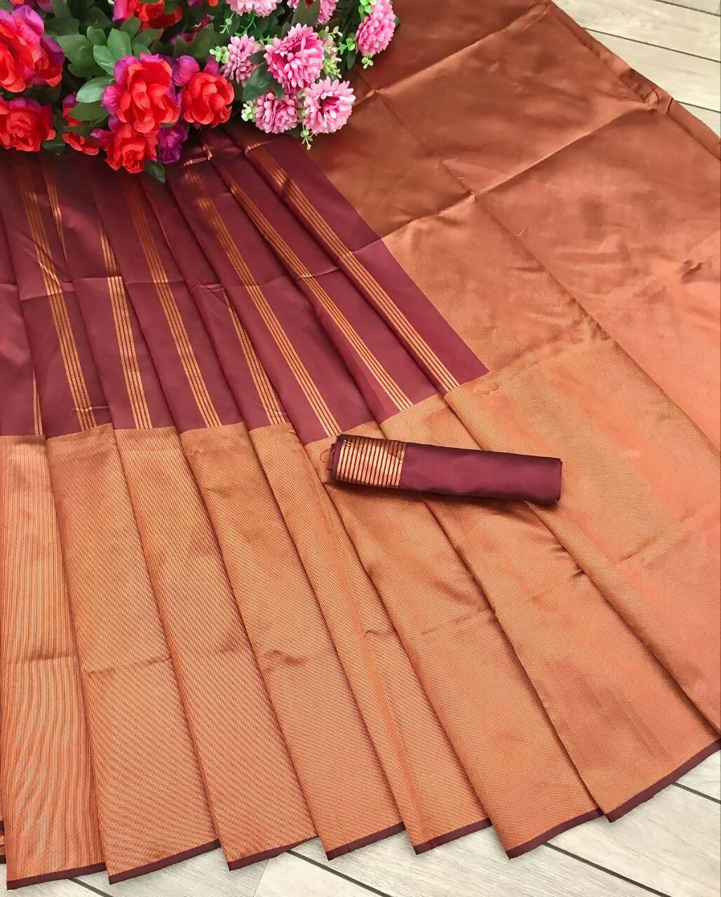DEIANA'S Beautiful Designer Golden zari Soft Lichi Silk Saree - Brown - Swadesiicart
