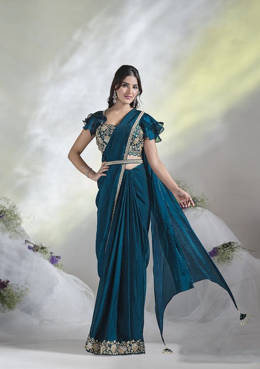 Teal Blue Two Tone Satin Silk Designer Ready to wear saree with stithced Blouse - Mohmanthan Aura | Swadesiicart