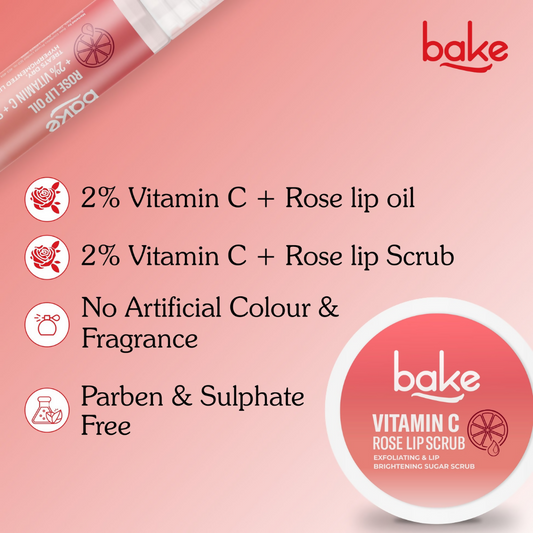 Bake Vitamin C Rose Lip Kit With Lip Balm SPF 25 & Lip Scrub For Dark & Pigmented Lips | Swadesiicart